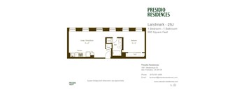 A floor plan for a Presidio Residences property showing a living room, kitchen, bedroom, bathroom, and closet.