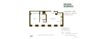 A floor plan for a 26K landmark property with one bedroom and one bathroom.