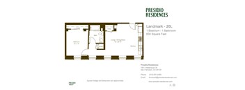 A floor plan for a Presidio Residences apartment with a landmark of 26L, 600 square feet, and includes a bedroom, bathroom, living/dining room, kitchen, and closet