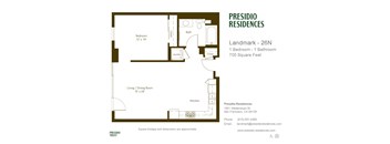 A floor plan for a Presidio Residences property with a living/dining room, bedroom, bathroom, and laundry area.