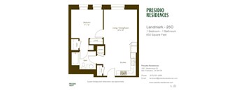 A floor plan for a Presidio Residences property with a landmark of 260 and dimensions of 1 Bedroom - 1 Bathroom and 650 Square Feet.