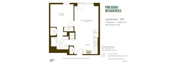A floor plan for a Presidio Residences property showing a bedroom, living/dining room, kitchen, bath, and closet.