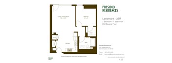 A floor plan for a Presidio Residences property showing a living/dining room, kitchen, laundry, and bathroom.