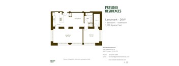 A floor plan for a Presidio Residences apartment with a kitchen, dining room, living room, and bedroom.