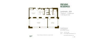 A floor plan for a Presidio Residences property with a living room, dining room, kitchen, and two bathrooms.