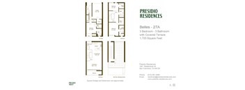 A floor plan for a 27A apartment at Presidio Residences, showing a 3 bedroom, 3 bathroom unit with covered terrace.