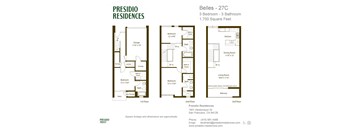 A floor plan for a Presidio Residences apartment showing three bedrooms and three bathrooms.