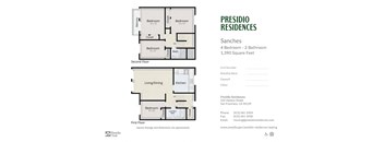 A floor plan for a Presidio Residences apartment with four bedrooms and two bathrooms.