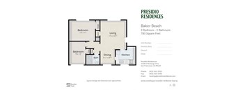 A floor plan for a two bedroom, one bathroom apartment at Presidio Residences.