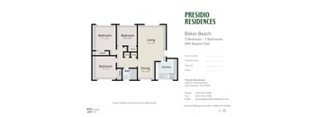 A floor plan for a Presidio Residences apartment in Baker Beach, showing three bedrooms and one bathroom.