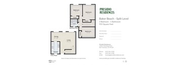 A floor plan for a split level apartment at Baker Beach with three bedrooms and one bathroom.