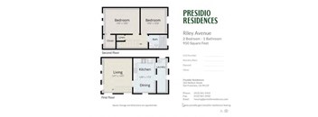 A floor plan for a two bedroom, one bathroom apartment at Presidio Residences.