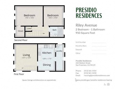 A floor plan for a two bedroom, one bathroom apartment at Presidio Residences.