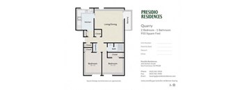 A floor plan for a 2 bedroom, 1 bathroom apartment at Presidio Residences.