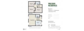 A floor plan for a 3 bedroom, 1 1/2 bathroom apartment at Presidio Residences.