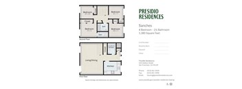A floor plan for a Presidio Residences apartment showing a living/dining area, kitchen, and four bedrooms.