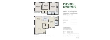 A floor plan for a 3 bedroom, 1 1/2 bathroom apartment in West Washington.