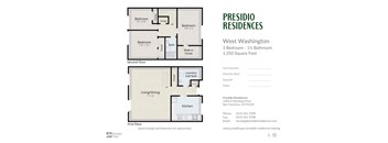 A floor plan for a 3 bedroom apartment with 1 1/2 bathrooms sized at 1,350 square feet.