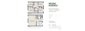 A floor plan for a 4 bedroom, 2.5 bathroom apartment at Presidio Residences in West Washington.