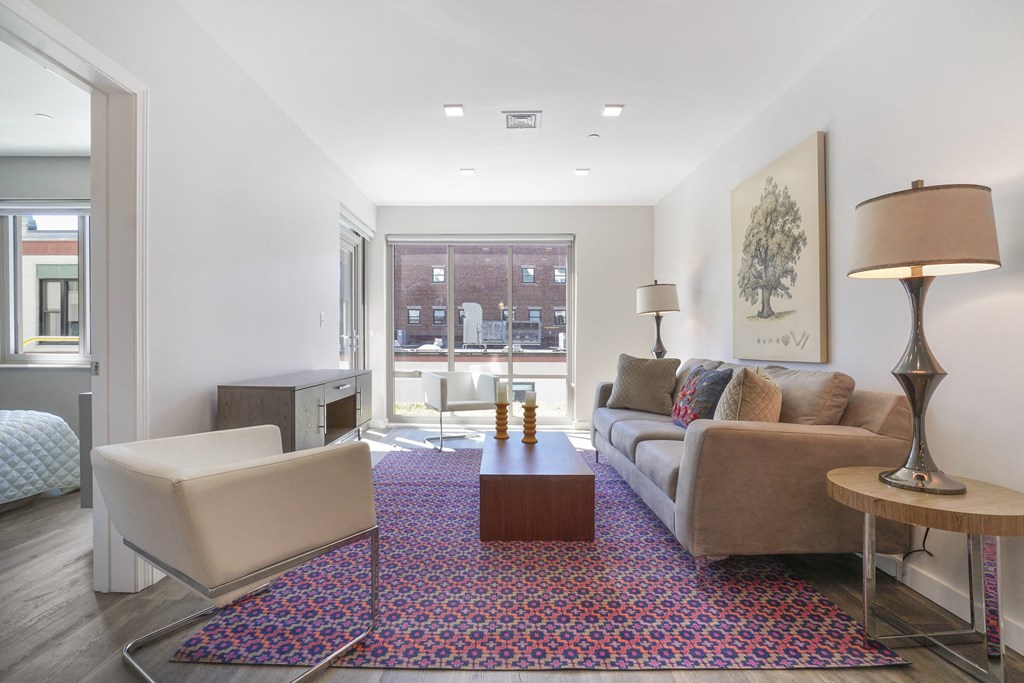 a living room with white walls and a purple rug