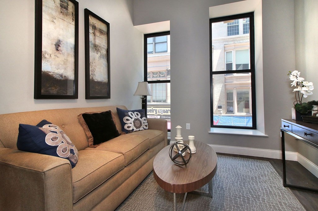 a living room with a couch and a coffee table