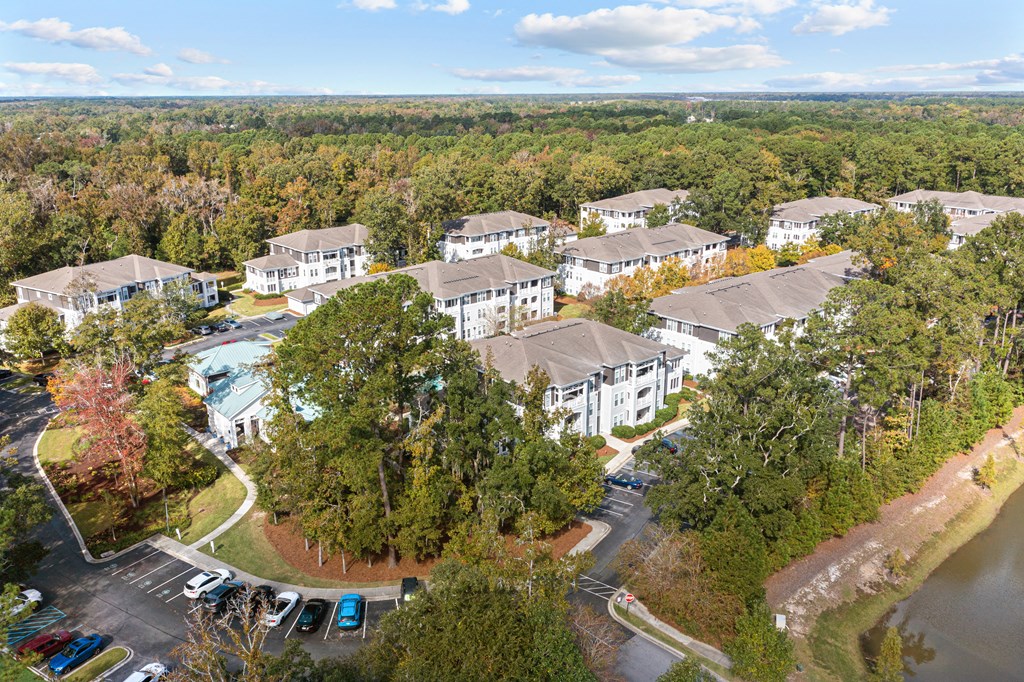 a aerial view of a group of buildings with trees and a river