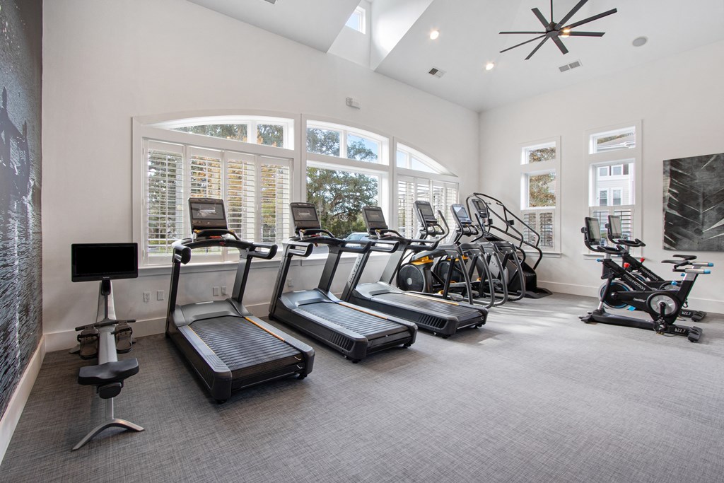 the gym has plenty of cardio equipment and windows