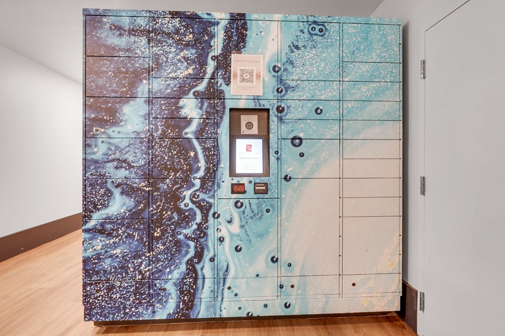 A large safe with a blue and brown marbled pattern is installed in a room.