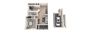 a rendering of a 3d floor plan with a car and a house