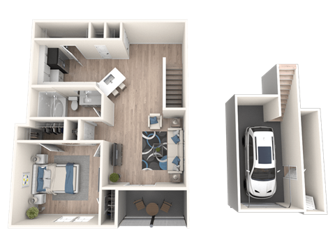 a rendering of a 3d floor plan with a car and a house