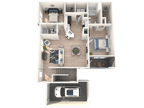 a 3d floor plan of a house with a kitchen and a living room