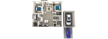 a rendering of a 3 bedroom floor plan with a car in the garage