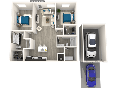 a rendering of a 3 bedroom floor plan with a car in the garage