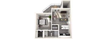 A 3D floor plan of a small apartment with a kitchen, living room, and bathroom.