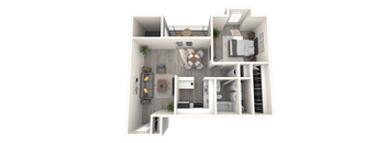 A 3D rendered image of a modern apartment layout.