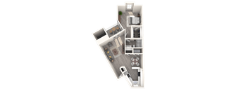 A 3D floor plan of a house with a garage and a living room.