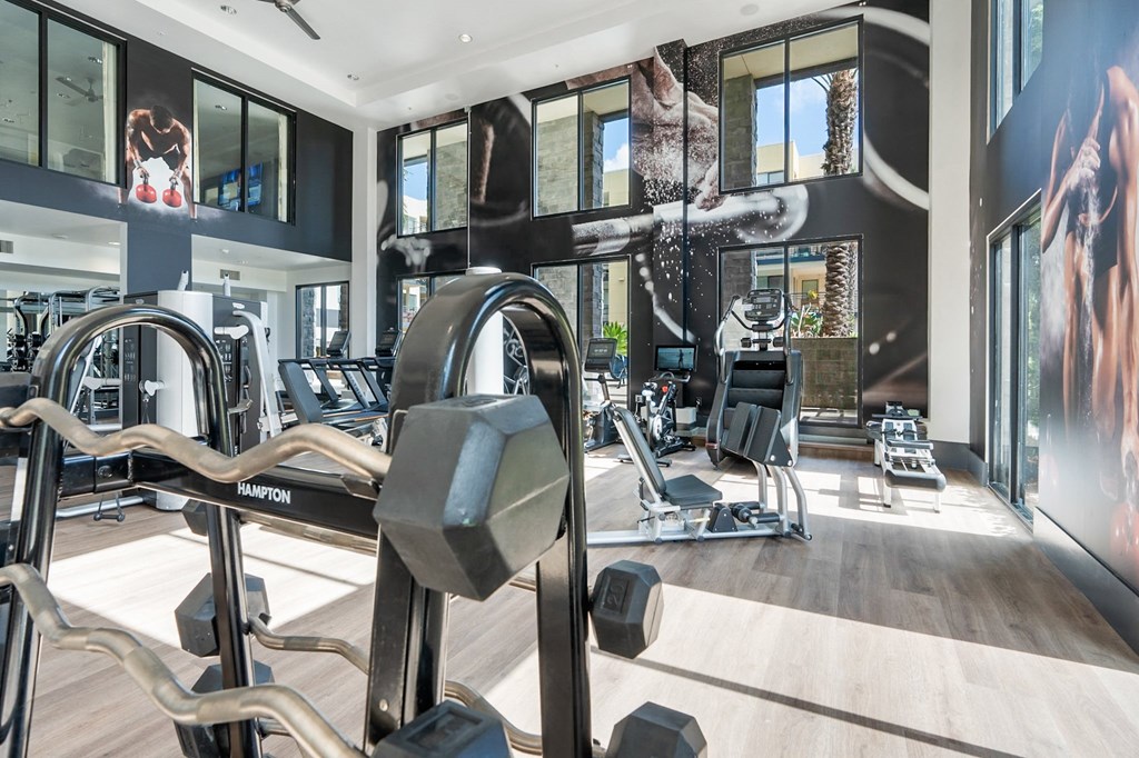 A gym with a variety of equipment including a weight machine and a treadmill.