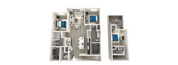 A 3D floor plan of an apartment home at Slate Scottsdale showing 3bedrooms, a living room, a kitchen, 2 bathrooms, and an upstairs loft.