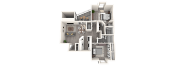 A 3D floor plan of a house with multiple rooms and a garden.