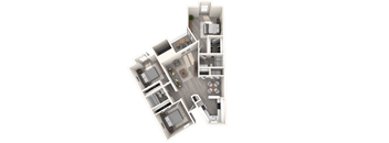 A 3D rendered image of a modern house layout.