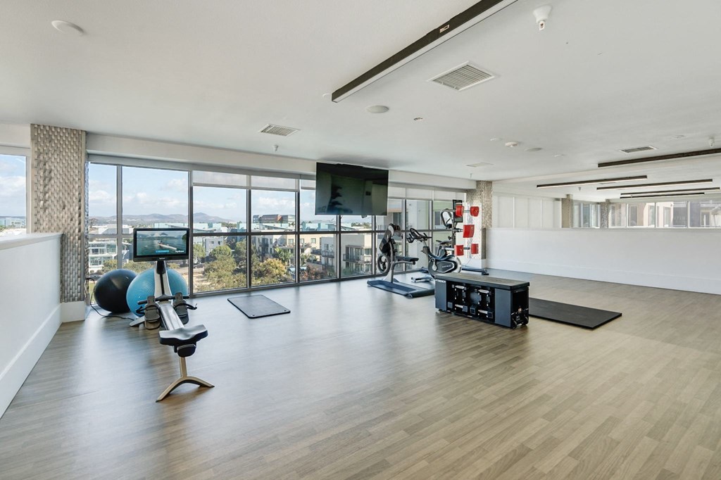 A spacious room with a wooden floor, a television, and exercise equipment.