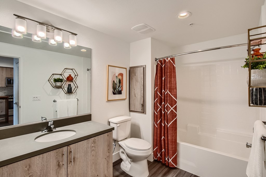 A bathroom with a toilet, sink, and a red shower curtain.