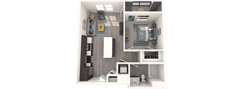 A 3D rendered image of a small apartment layout.