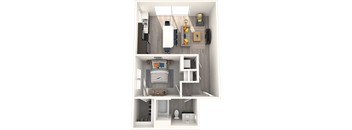 A 3D rendered image of a small apartment layout.