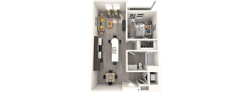 A 3D rendered image of a small apartment layout.