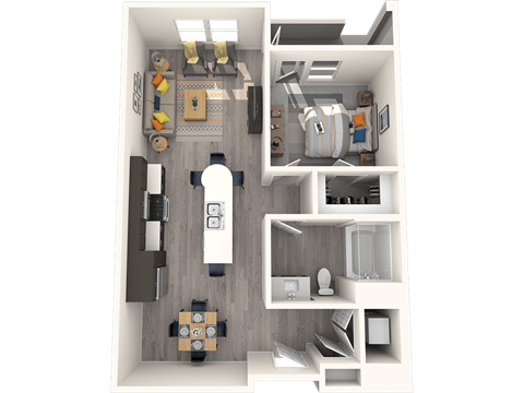 A 3D rendered image of a small apartment layout.