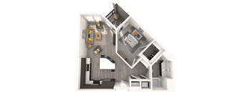 A 3D floor plan of a small apartment with a kitchen, living room, and bedroom.