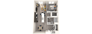 A 3D rendered image of a small apartment layout.