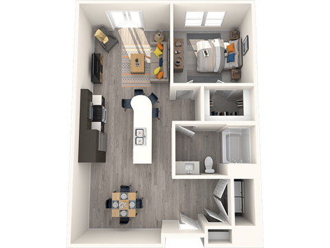 A 3D rendered image of a small apartment layout.