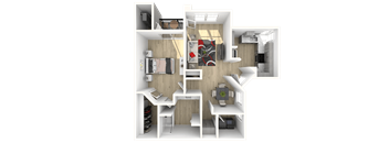 A 3D rendered image of a small apartment layout.